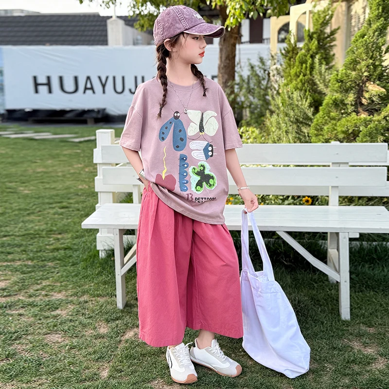

2025 New Summer Short-Sleeve Outfit for Girls Stylish Big Girls Summer Casual T-Shirt +Thin Wide-Leg Pants Two-Piece Set