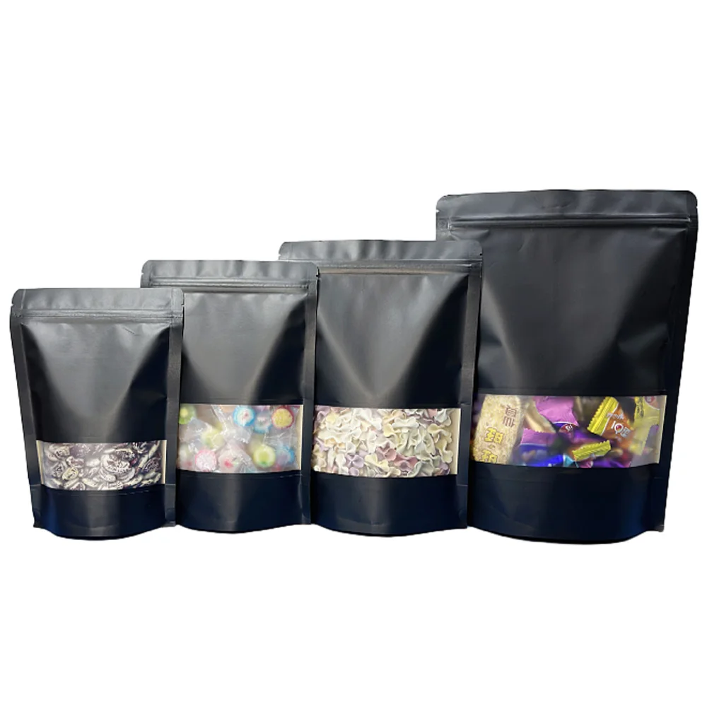 

100 шт./лот, черные крафт-пакеты с окном, стоячие пакеты-дойпаки, пакеты для пищевых продуктов, для упаковки орехов, круп, чая, с застежкой-зиплок