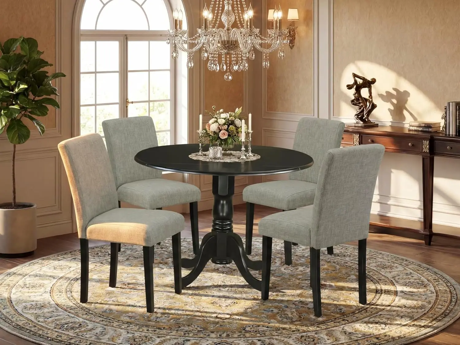 Round Dropleaf Dining Table Set 4 Parsons Fabric Chairs 42x42 Inch Black, Customized