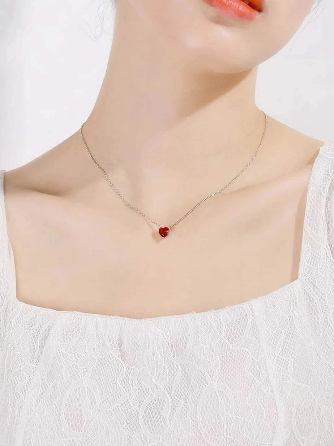 Fashion Silver Plated Red Zircon Crystal Clavicle Chain Necklace for Women Girl\'s Charm Necklace Fine Jewelry Accessories