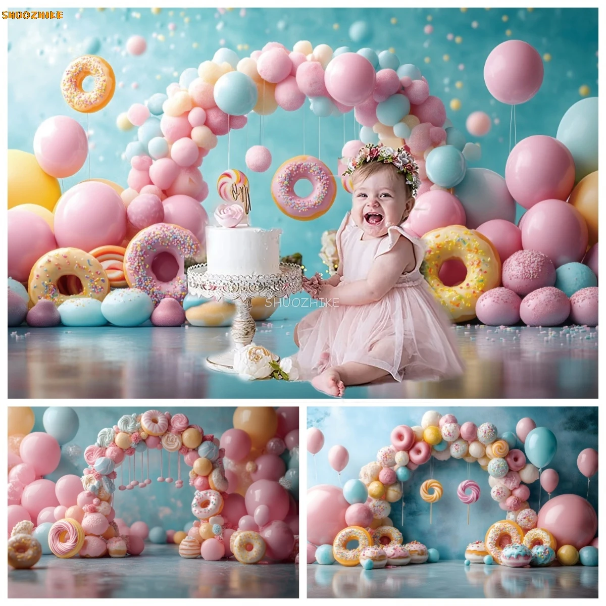 

Candy Theme 1st Birthday Party Backdrop Photography Colorful Balloons Arch Newborn Baby Shower Cake Smash Decor Photo Background