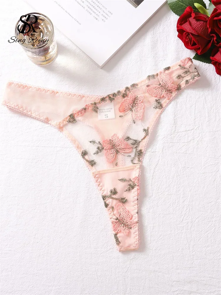 SINGREINY Maglia trasparente Biancheria intima sexy Abiti con lacci Maniche a sbuffo Top corto + Mini Slip Ricamo floreale Sensuale Set a due pezzi