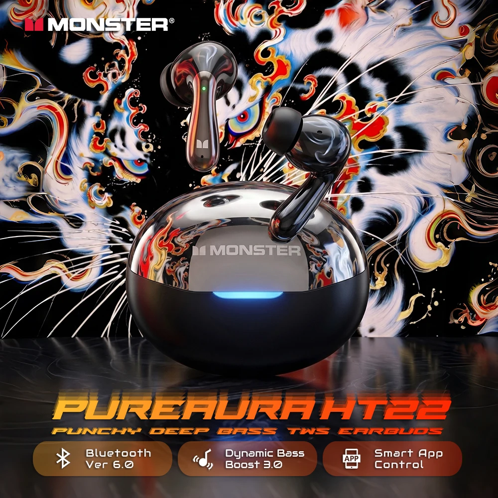 Monster PureAura HT22 Bluetooth 6.0 Earphones Puncy Deep Bass Headphones TWS Wireless Sports Earbuds with Original Sound APP