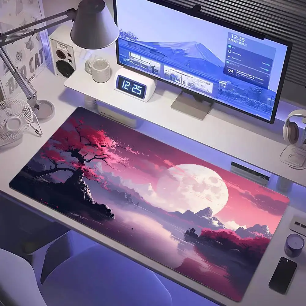 Large Anti-Slip Rubber Gaming MousePad Sakura Scenery Moon Mouse Pad Durable Deskmat Thick Seam Edge Suitable for Office Gaming
