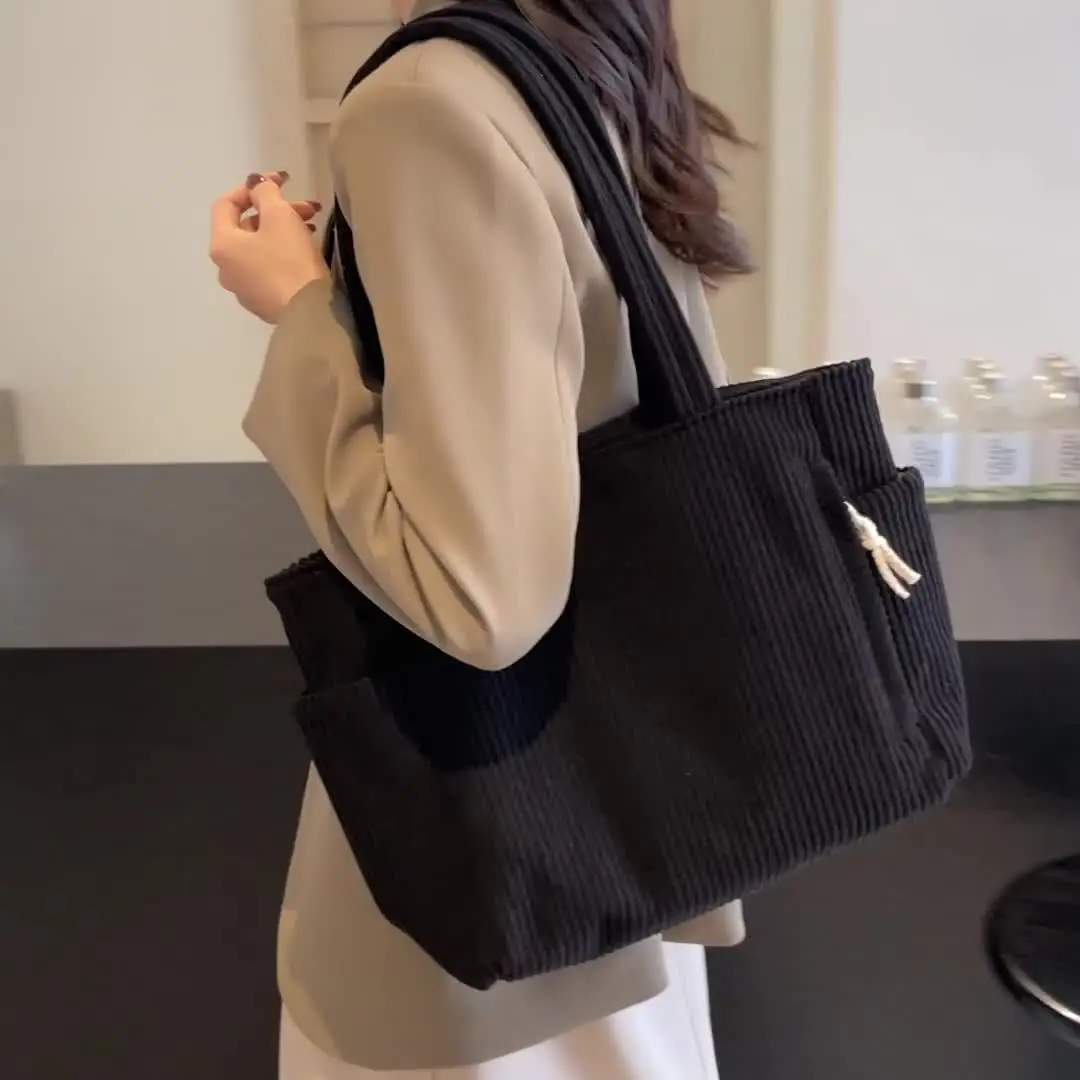 Lässige Cord-Handtasche mit Reißverschluss, leicht und geräumig, mit festem Schultergurt, einfarbig für den täglichen Pendelverkehr, Einkaufen und Ausflüge – Baigou Style Random Handbag – Detail 5