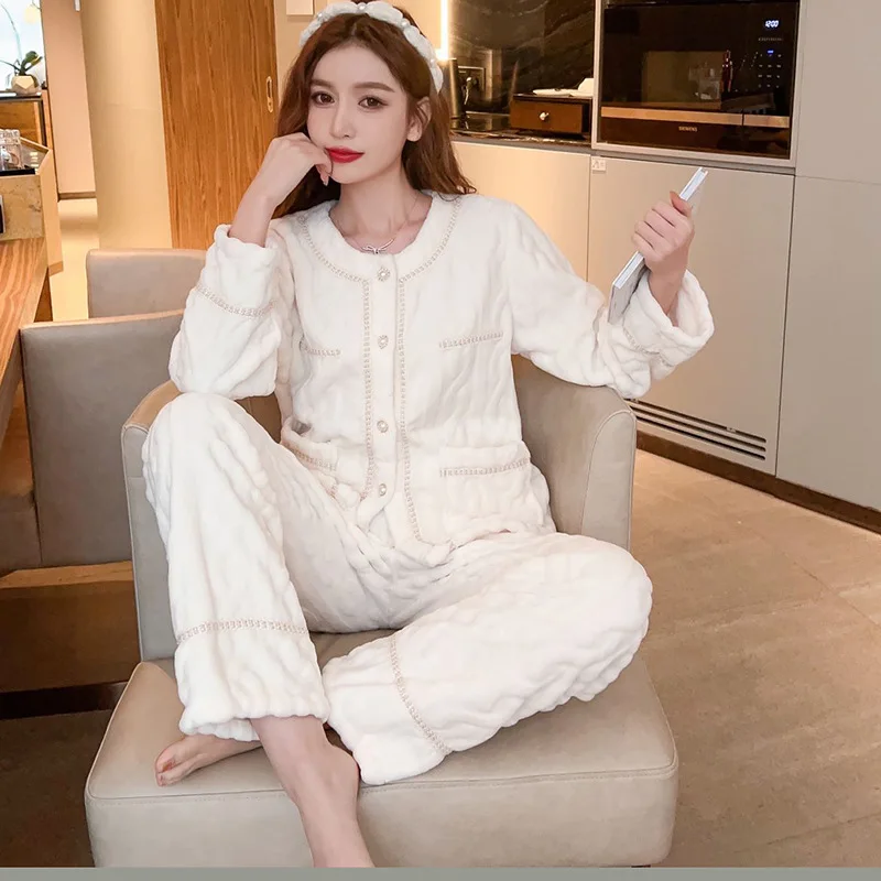 

Autumn/Winter Women's 2-piece Pajama Flannel Pajama Long Sleeve Pants Set Autumn/Winter Coral Velvet Home Clothes