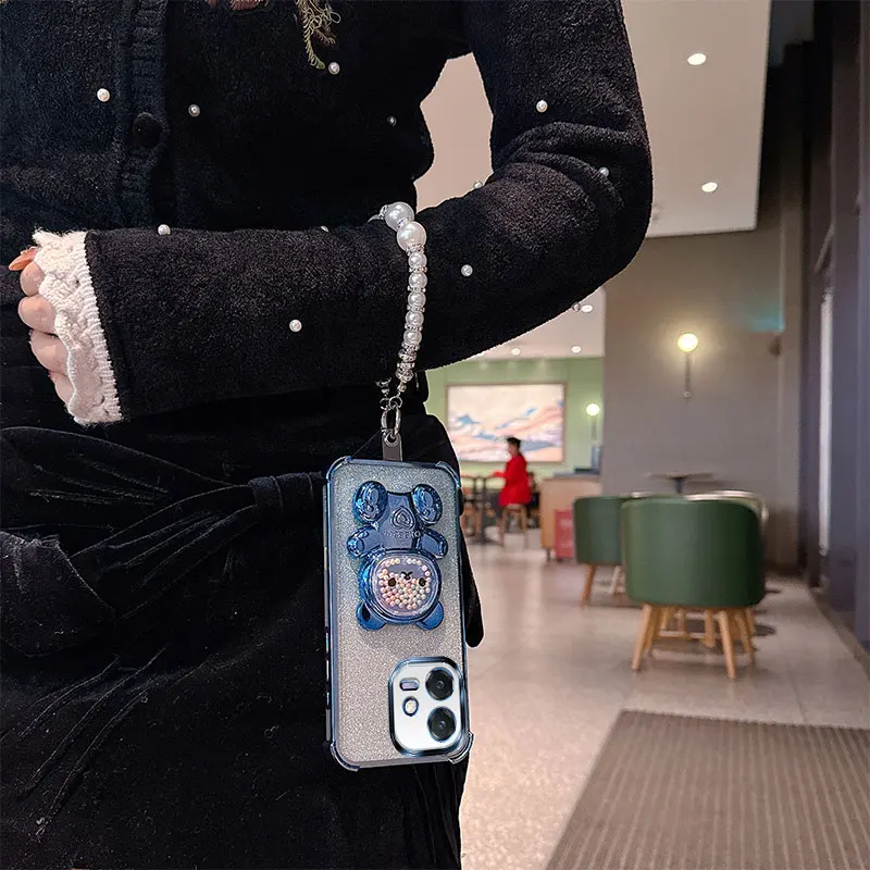 Cute Bear Cartoon Holder Pearl Lanyard Strap Shockproof Glitter