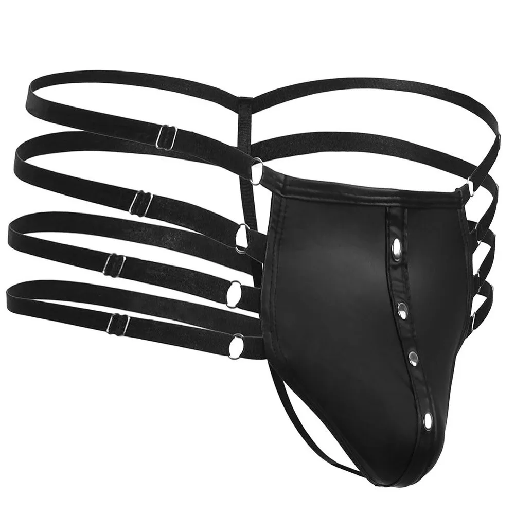 Men Faux Leather G-String Underwear Bulge Pouch Adjustable Elastic Bands Thongs Jockstrap Porn Men Sexy Panties