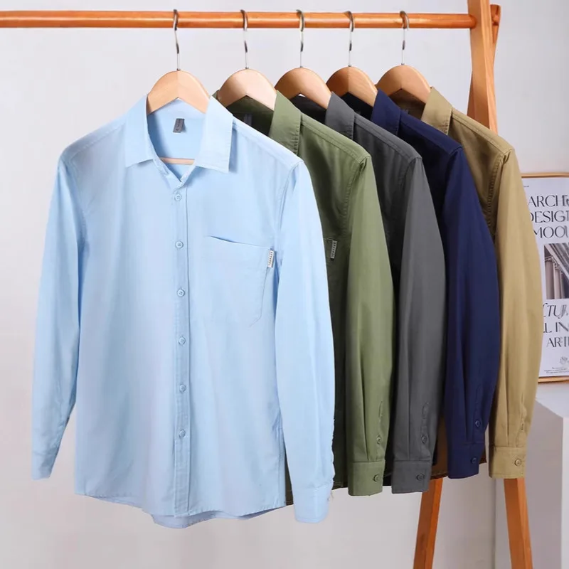 Men's Work Shirt Long Sleeve Turn Down Collar Single Pocket Loose Casual Shirt Cotton Breathable Comfortable Button Down Blouse