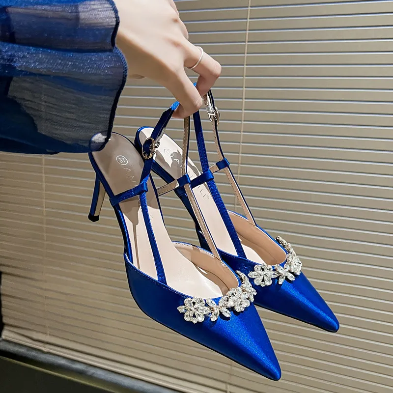 

New French style evening gown high heels rhinestone sandals pointed satin white women's shoes blue bridesmaid shoes