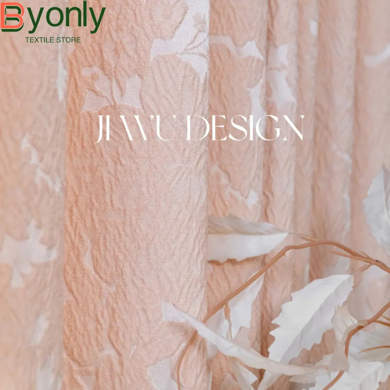 French Cream Pink Pleated Jacquard Thickened Curtains for Living Room Bedroom French Window Customized Finished Balcony