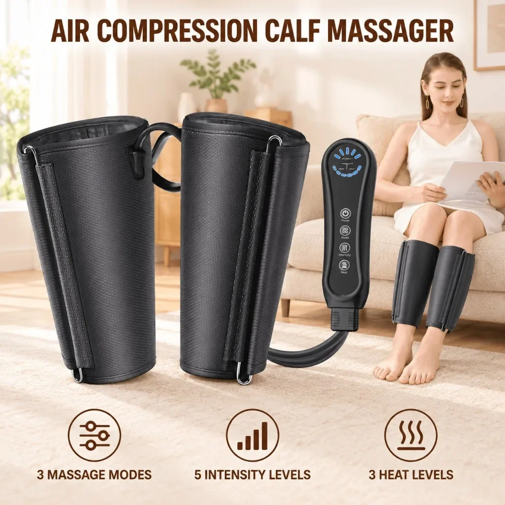 Air Compression Leg Massager, Heated Calf Compression Wraps, 3 Modes 5 Intensities for Circulation and Recovery at Home Office