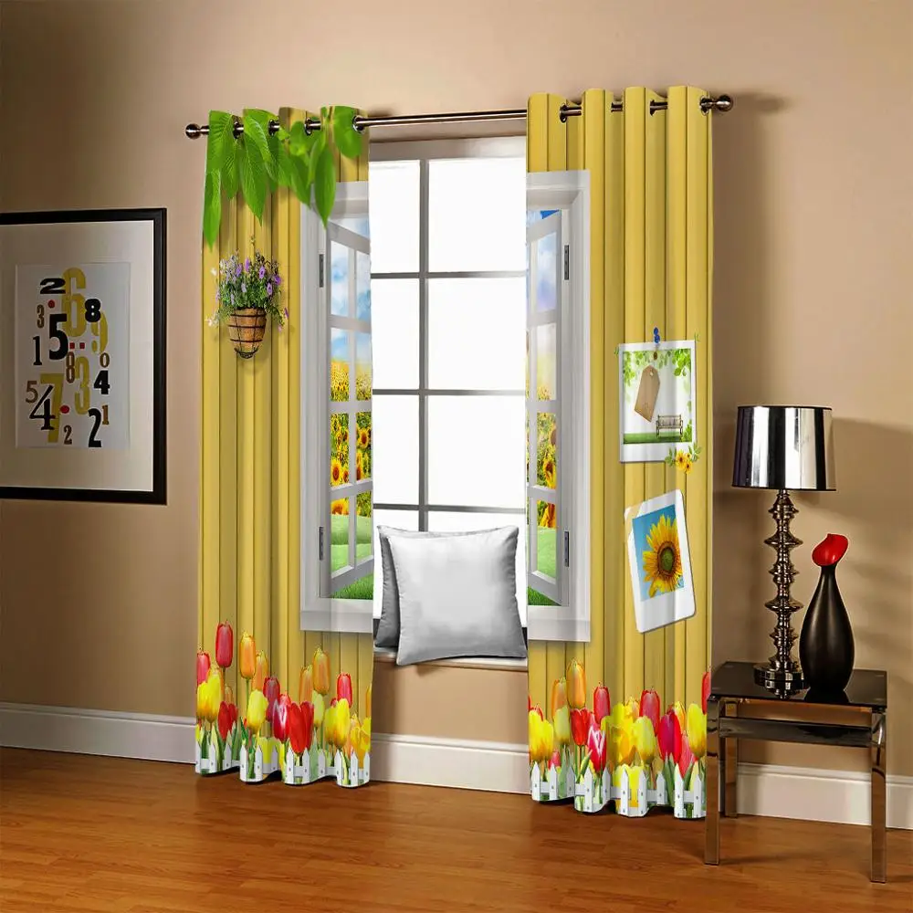 Customized size Curtains Yellow planks tulip windows Luxury Blackout 3D Window Curtain For Living Room office Bedroom