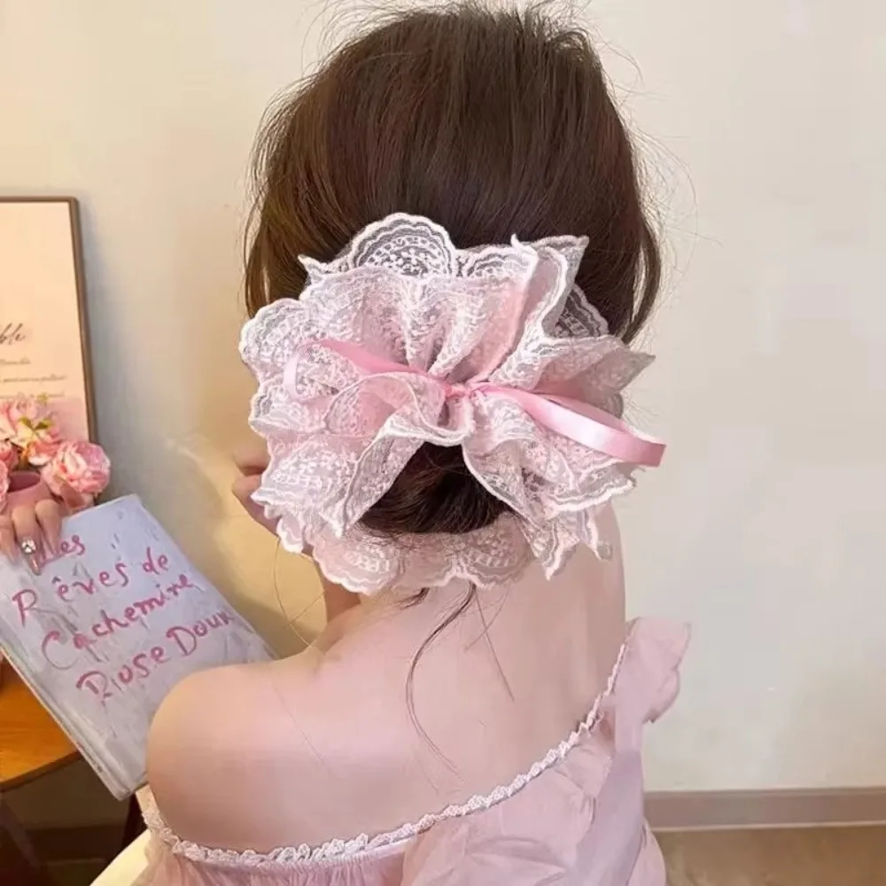 Sweet Lace Trim Lace Scrunchies Multi-Layer Elastic Ponytail Holder Hair Ties Girls