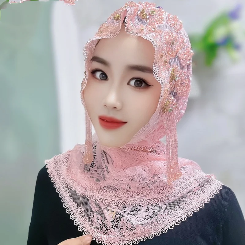 Luxury Fringed Headscarf Women Head Cover Triangular Scarf Shawl Muslim Long Tassel Beads Lace Embroidery Wraps Turbante Mujer