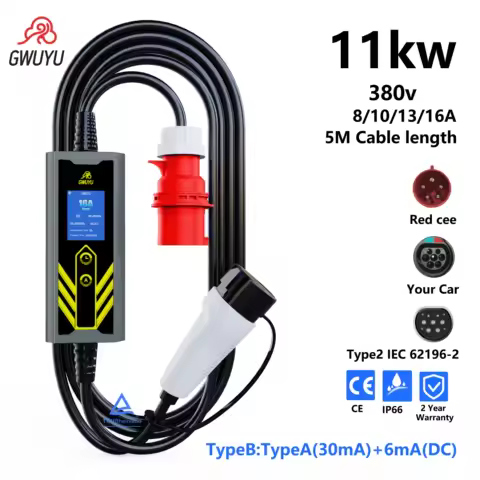 Carregador Portátil para Veículos Elétricos GWUYU 7KW 11KW Tipo 2 Padrão Europeu em Liga de Alumínio IP66 à Prova d'Água AC EVSE para Uso Doméstico e Externo
