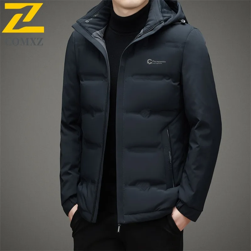 COMXZ Winter Men Down Jacket Hooded Detachable  Thickened Thermal Trend 90% White Duck Down Professional Coat Work Uniform 2025
