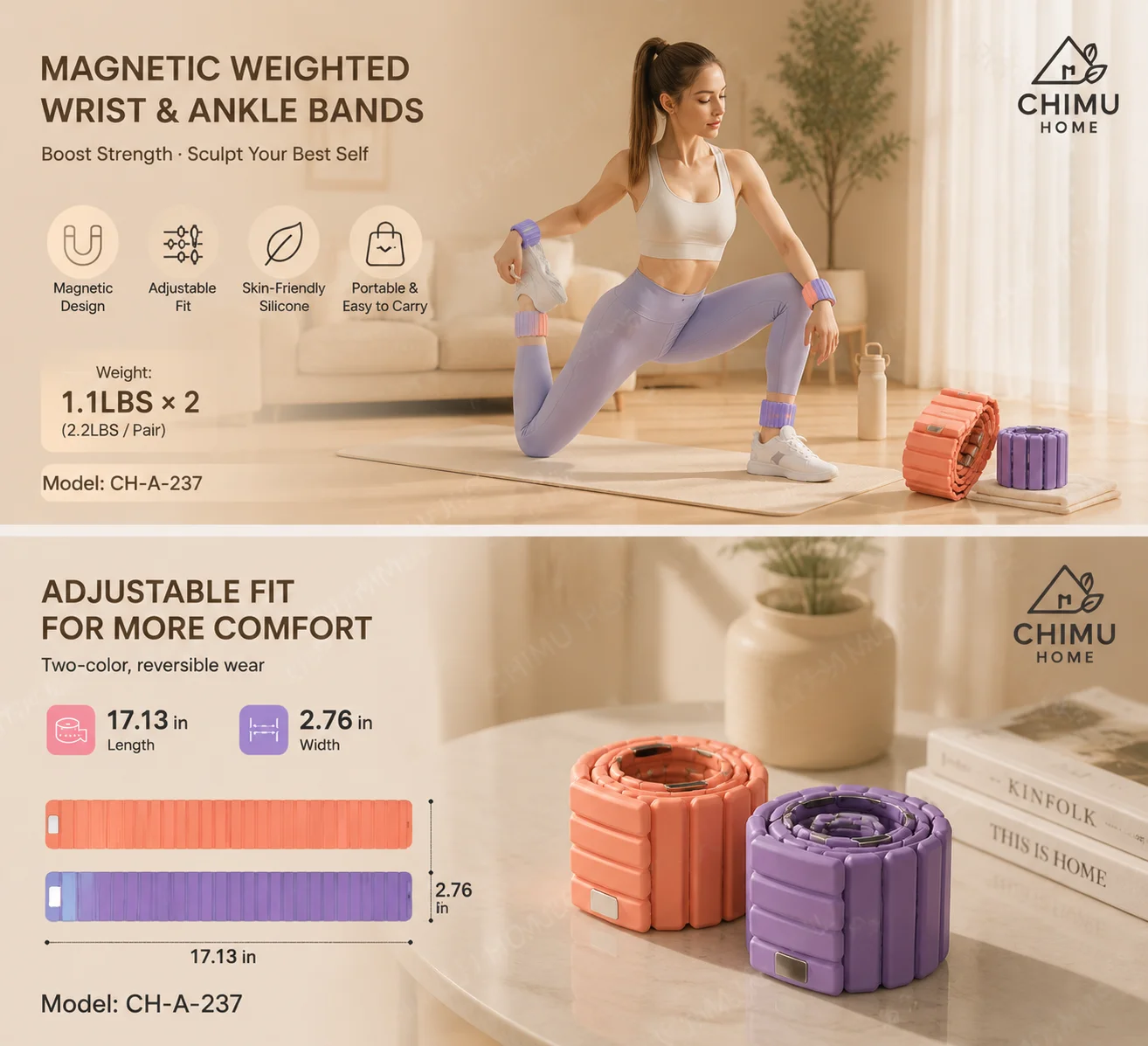 【CHIMU HOME】Magnetic Adjustable Wrist & Ankle Weights Silicone Wearable Fitness Training Band for Home Gym Yoga Workout