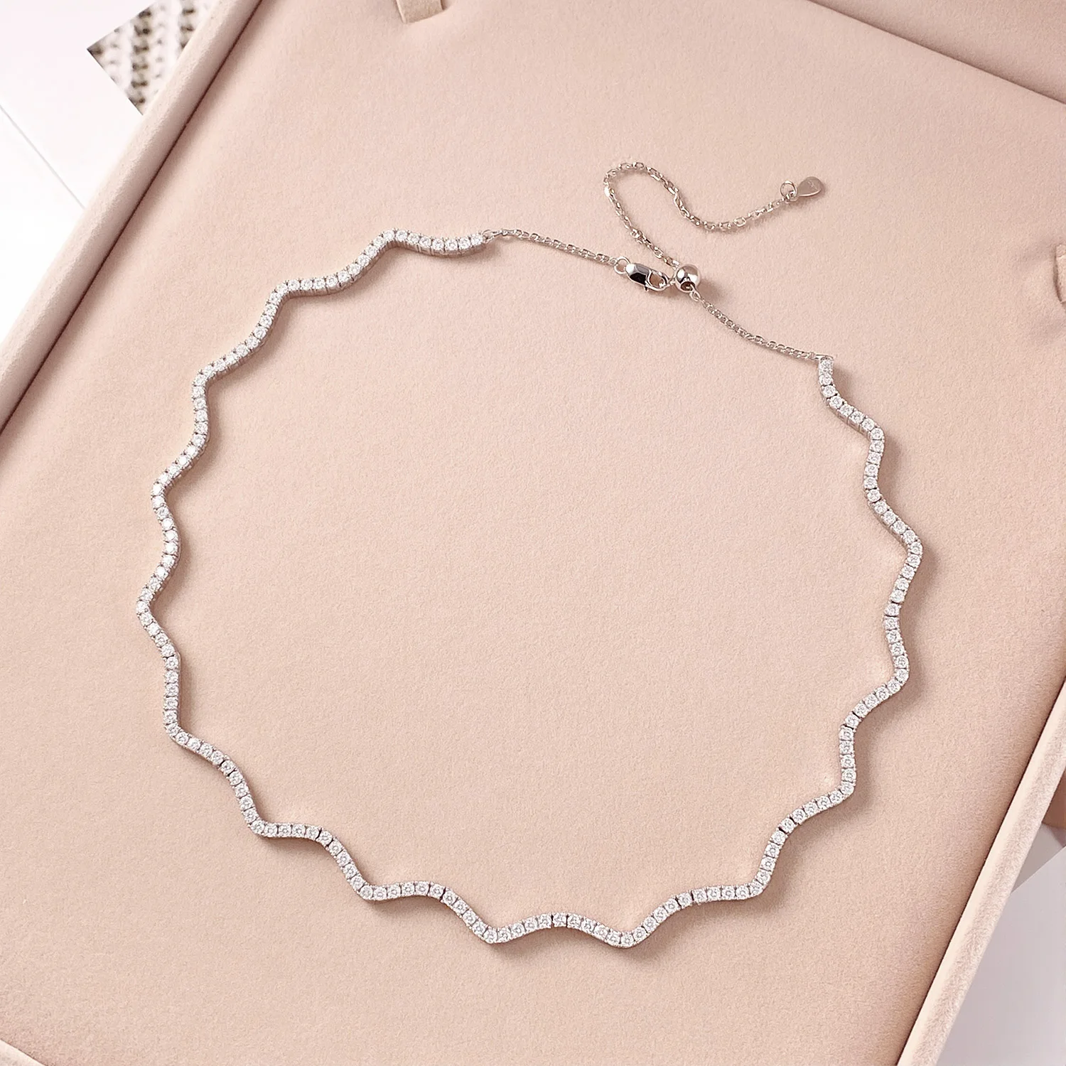 2mm Full Moissanite Wave Tennis Necklaces 925 Sterling Silver Luxury Bridal Necklace Adjustable Choker for Women Jewelry Gift
