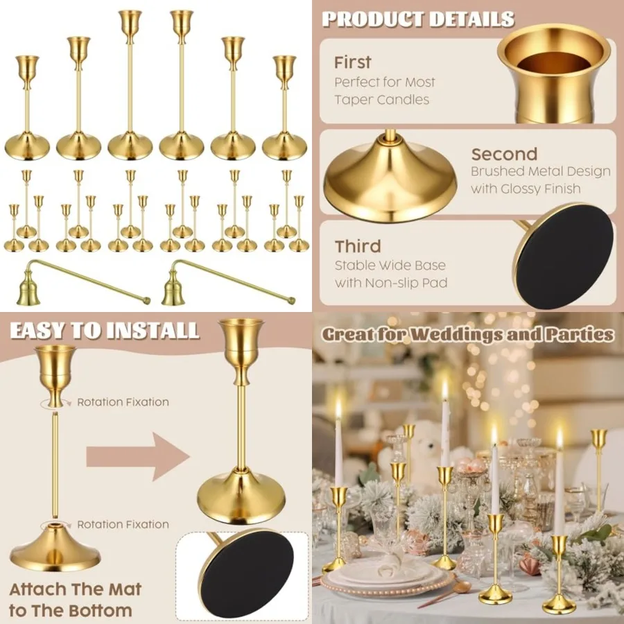 

24PCS Brass Taper Candle Holders Set, Vintage Metal Candlestick Holders Plus Candle Snuffer for Table Centerpiece, Wedding Rece