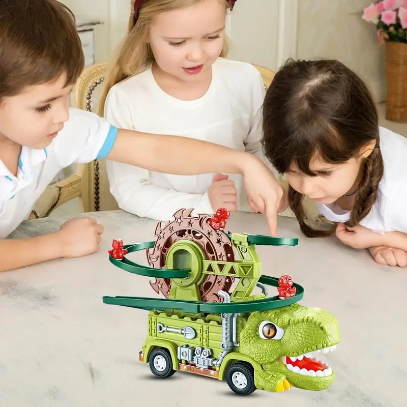 Playset Jalur balap dinosaurus, Set permainan konstruksi rel kereta api dinosaurus geser dengan Balap kartun untuk dinosaurus memanjat tangga