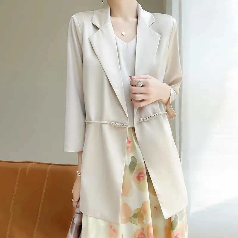 Chinese Style Suit Jacket Women\'s Blazer Spring Autumn Medium Length 3/4 Sleeved Suit Top High End Satin Surface Coat Female