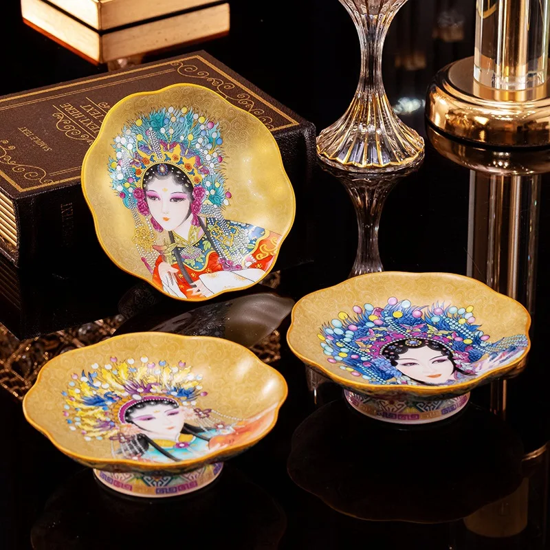 New enamel color high foot tea small fruit dish, classic four beauty Dim sum dish, Jingdezhen high-grade pastry dish