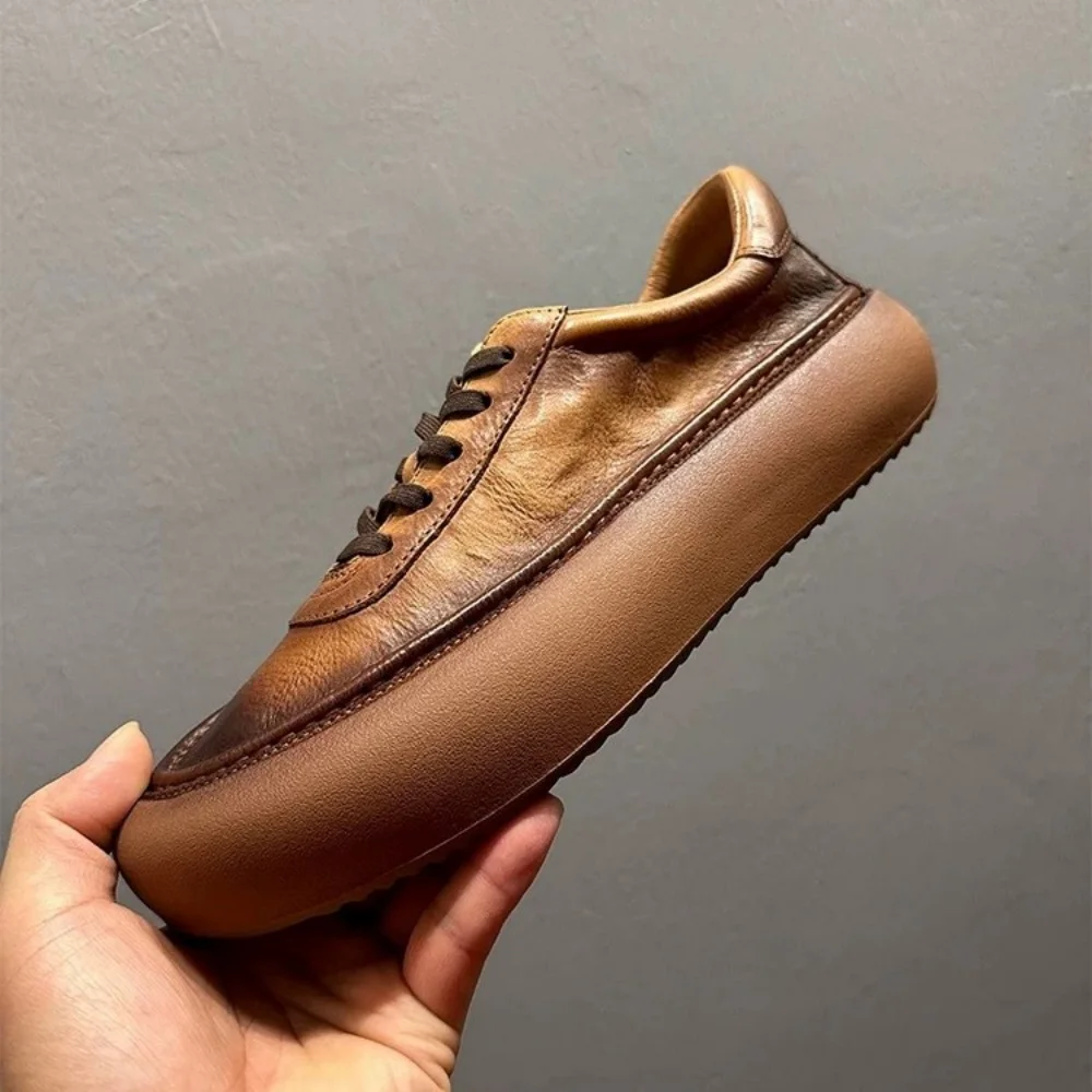 

QHCCID Vintage Cowhide Handmade Shoes Spring Autumn Thick Soled Shoes Casual Shoes Male Round Toe Cowhide