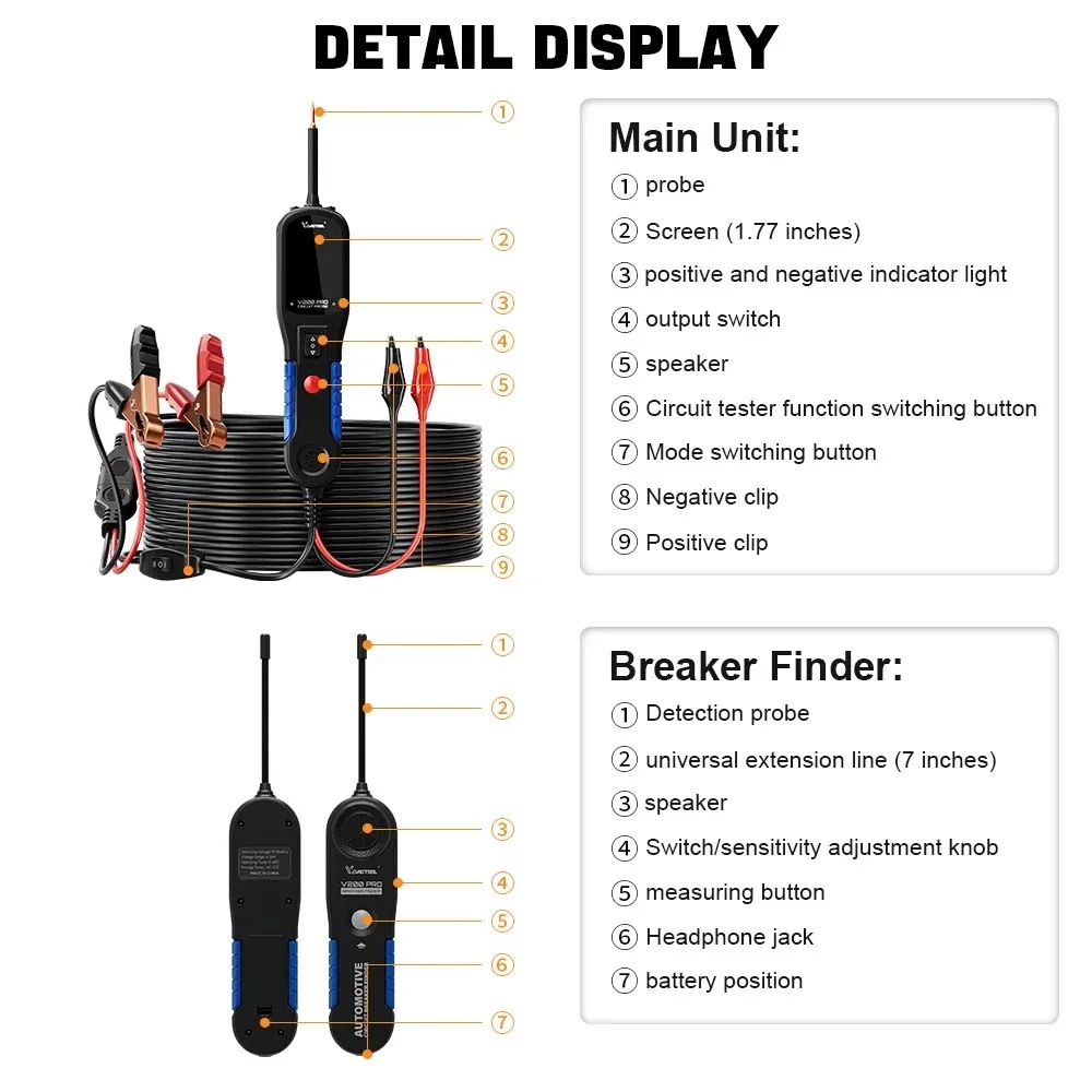 EU Stock VDIAGTOOL V200Pro Automotive Wire Tracker Broken Cable Finder Short Open Circuit Tester for 12V& 24V Car and Truck