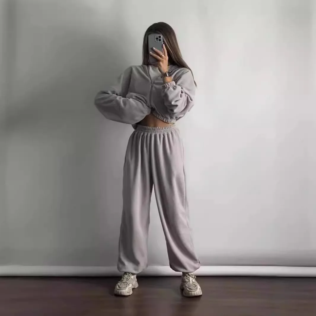 

Women Zipper Hoodies Pants Set Autumn Plush Warm Ladies Outdoor Sports Leisure Fitness Set Fashion Loose Sweatshirt Sweatpants