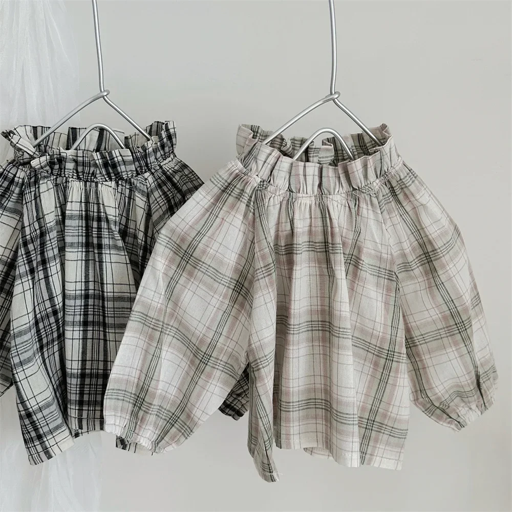 2025 ربيع الرضع طفل طويل الأكمام قمصان مربعة النقش القطن طفل صبي فتاة الوقوف طوق بلايز عادية قمصان الموضة الملابس #2