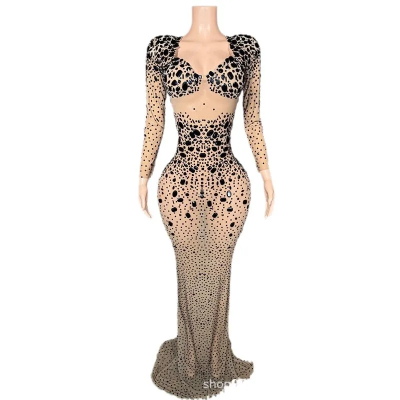 

Сексуальное черное платье с драпировкой в сетку и бриллиантами, черная модная одежда, вечернее платье для подиума, ежегодного собрания, платья для выступлений на сцене