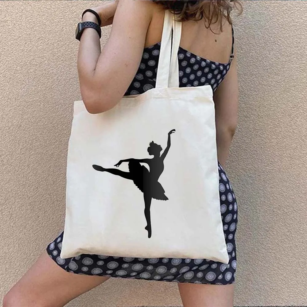 Ballerina Girl Silhouette Hearts Love Dance Ballet Dancer Gymnastics Shopper Harajuku Canvas Totes Bags Cotton Shopping Handbags