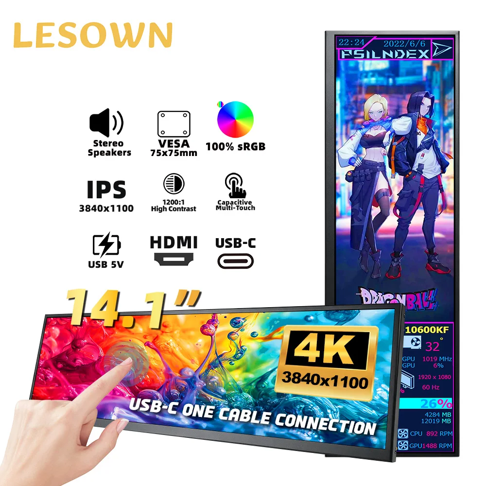 

LESOWN 14.1inch IPS Banner Display 3840×1100 Raspberry Pi Stretched Bar Portable Display for Android Windows Linux Switch PS5