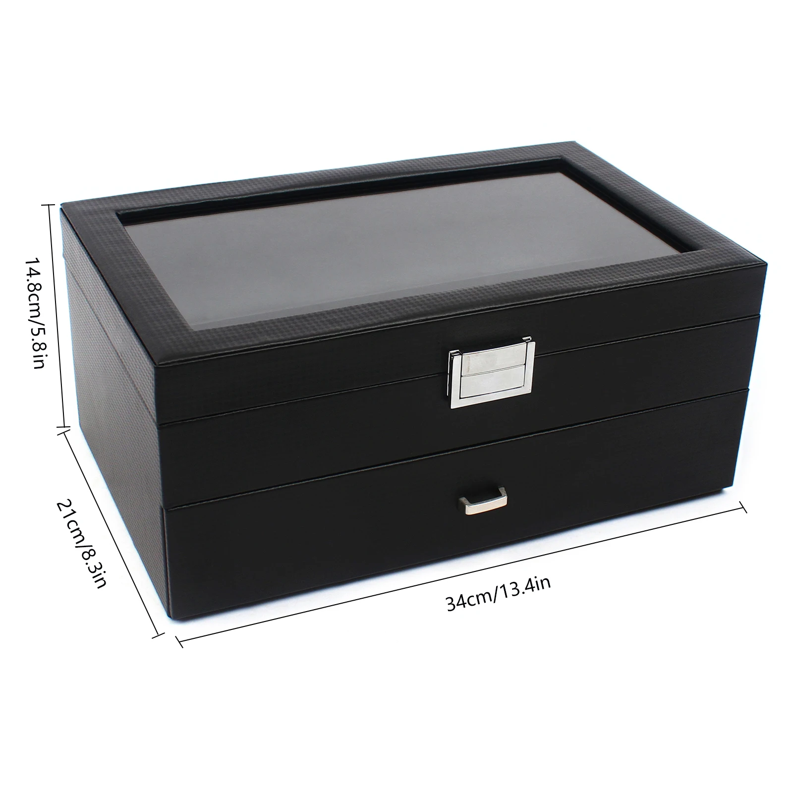 24 Slots Watch Box Display Case Organizer Jewelry Storage Box for Necklace Earring Bracelet with Drawer & Carbon Fiber Pillow