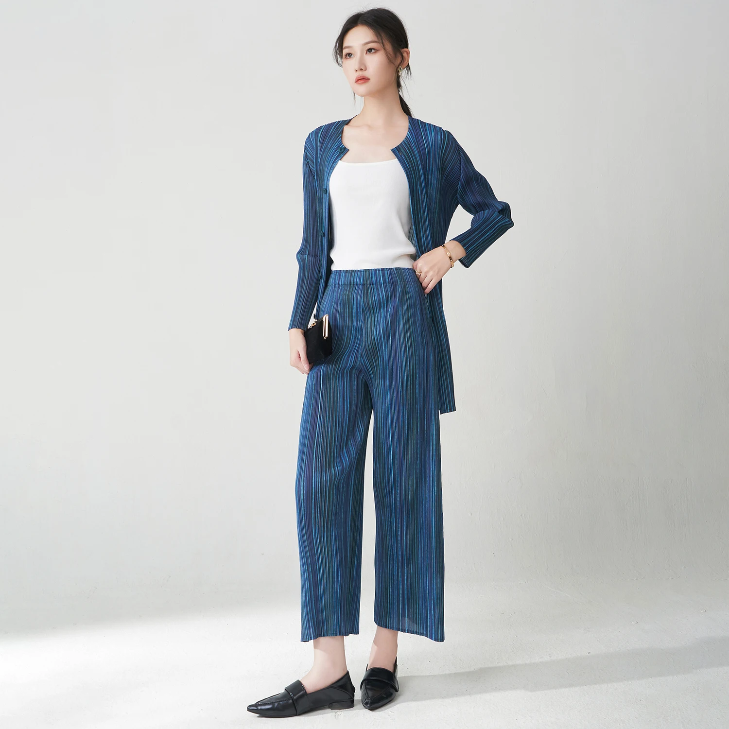 

Women Clothing Wholesale Women's Fashion Set Cardigan Button Top and Pants Two-piece Stretch Print Casual Set