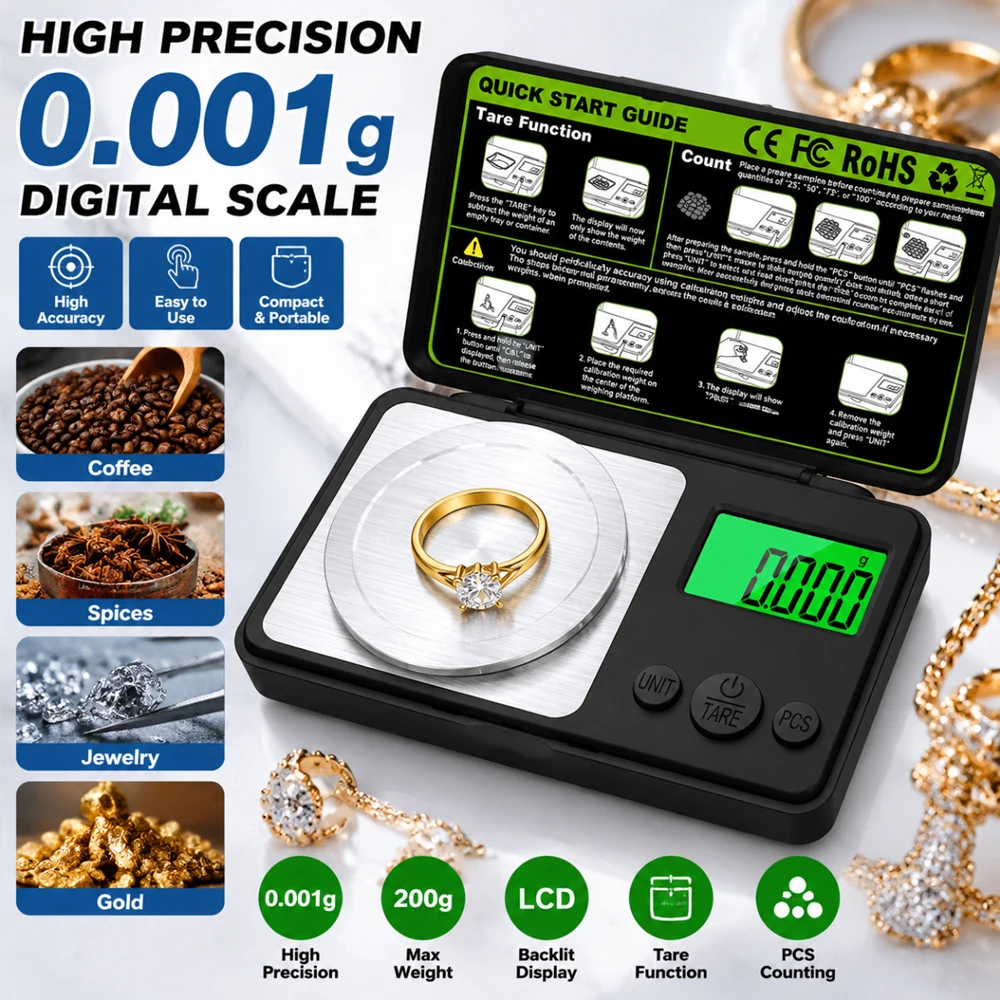 Professional Jewelry Scale 0.001g High Precision Milligram Scale Mini Pocket Scales for Kitchen Lab Jewelry Herbs Weighing Tool