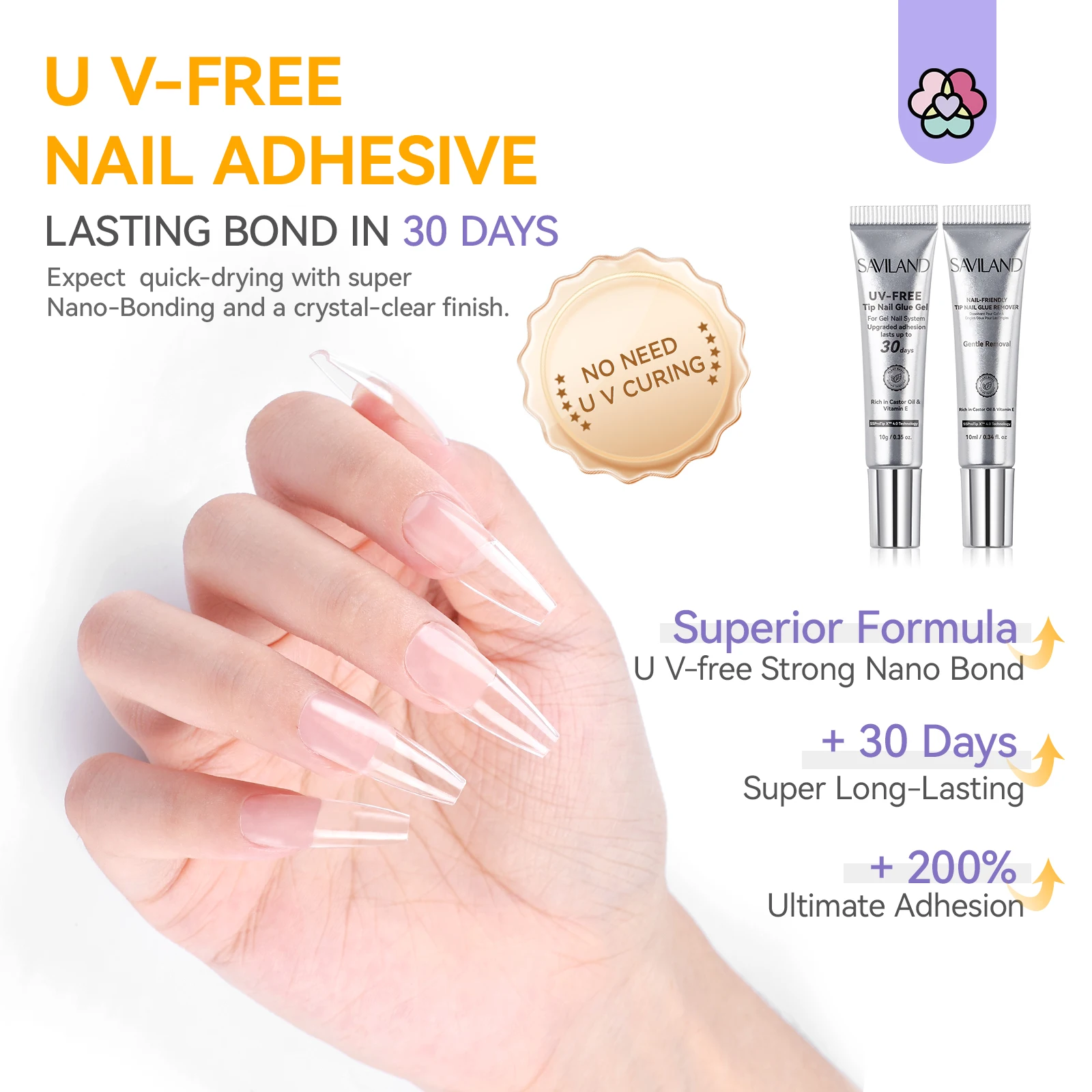 SAVILAND Semi Solid Nail Glue Gel 10g with Quick Remover 10ml No Curing Needed 30 Days Wear Fast Removal for Press On Nails Tips