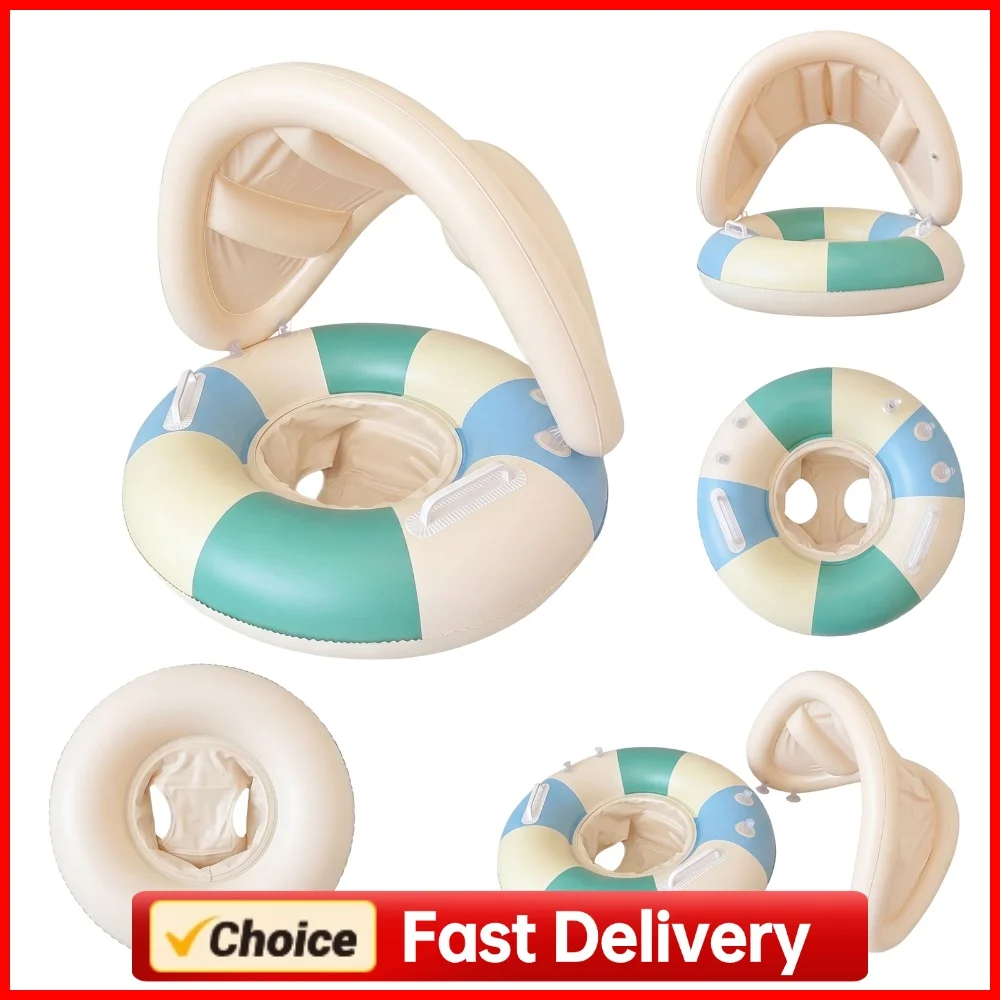 Cute Babies Pool Float with Detachable Canopy & Handles Portable Sun Protection Rings Non-Leaking for Summer Water Fun Play Use