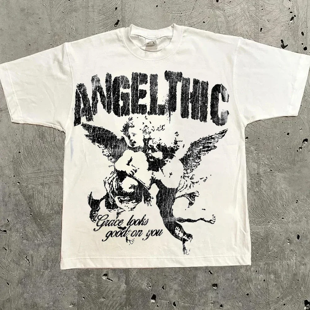 2026 Men Dark Gothic Graphic T‑Shirt Black Line Art Skeleton Warrior Girl Print O‑Neck Short Sleeve Loose Streetwear Tees