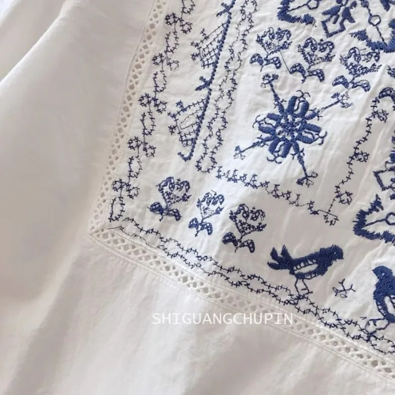 2025 verão novo estilo chinês linho bordado feminino retro literário vintage solto camisa de manga curta topo feminino