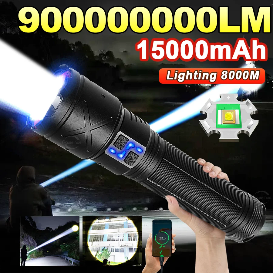 

2026 New Ultra Bright LED Flashlight Long Range 8000M Tactical Torch USB Rechargeable Zoom Flashlights Camping Fishing Work Lamp