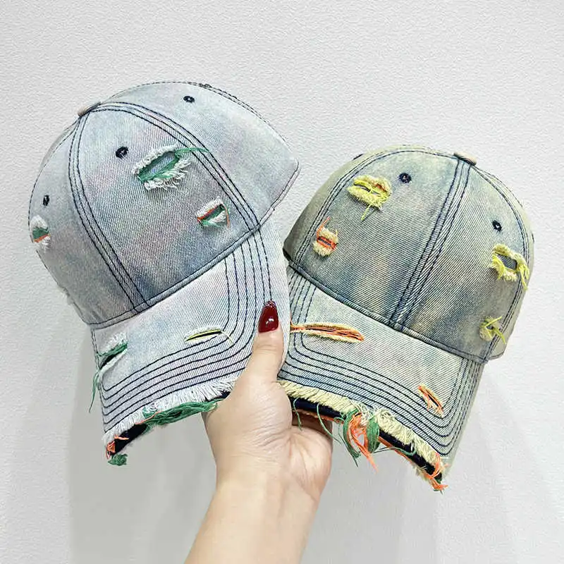 Neue Stil Frauen Kappe Tränen Stil Loch Vintage Bunte Linien Baseball Caps Weibliche Casual Outdoor Streetwear Denim Hut – Detail 2