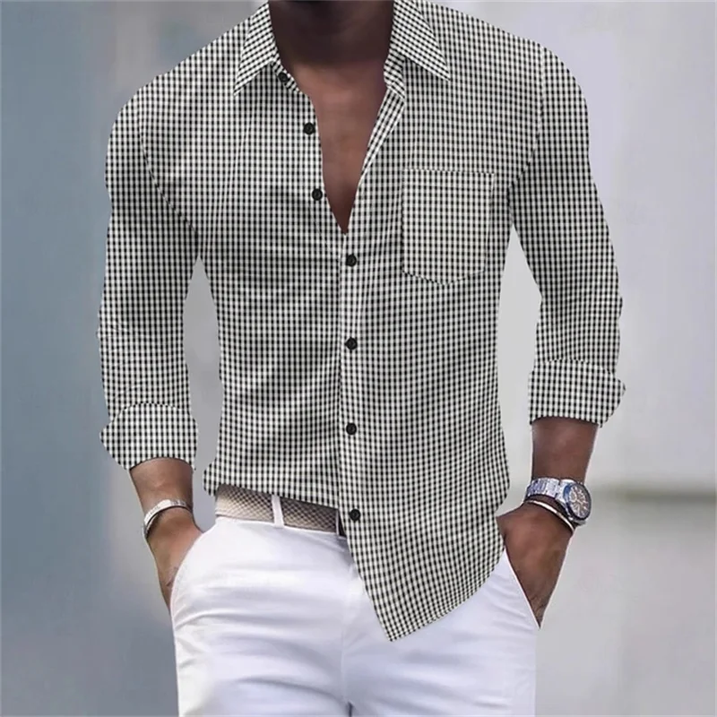 

Men's casual beach shirt, black, yellow, pink, red, sky blue, long-sleeved plaid collared shirt, polyester fashion.