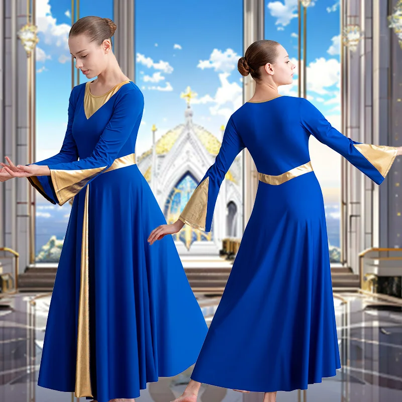 Robe de danse moderne à manches longues pour femmes, coupe ample, pleine longueur, pour la culte des adultes, Costume métallique liturgique, robe de danse