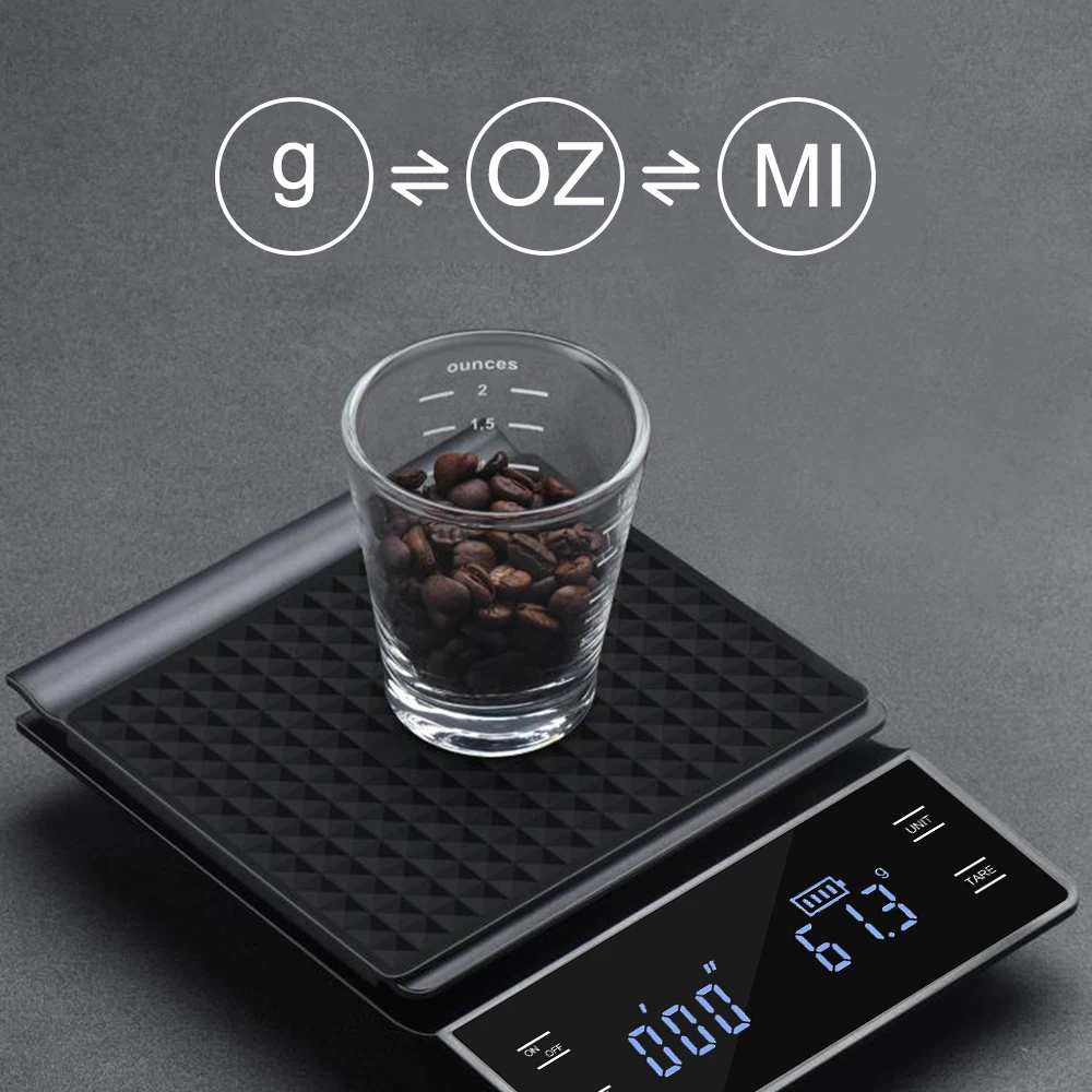 Coffee Kitchen Weight Scale Electronic High Precision Digital LED display 3KG/0.1g g/oz/ml Auto Timer Rechargeable Type-C