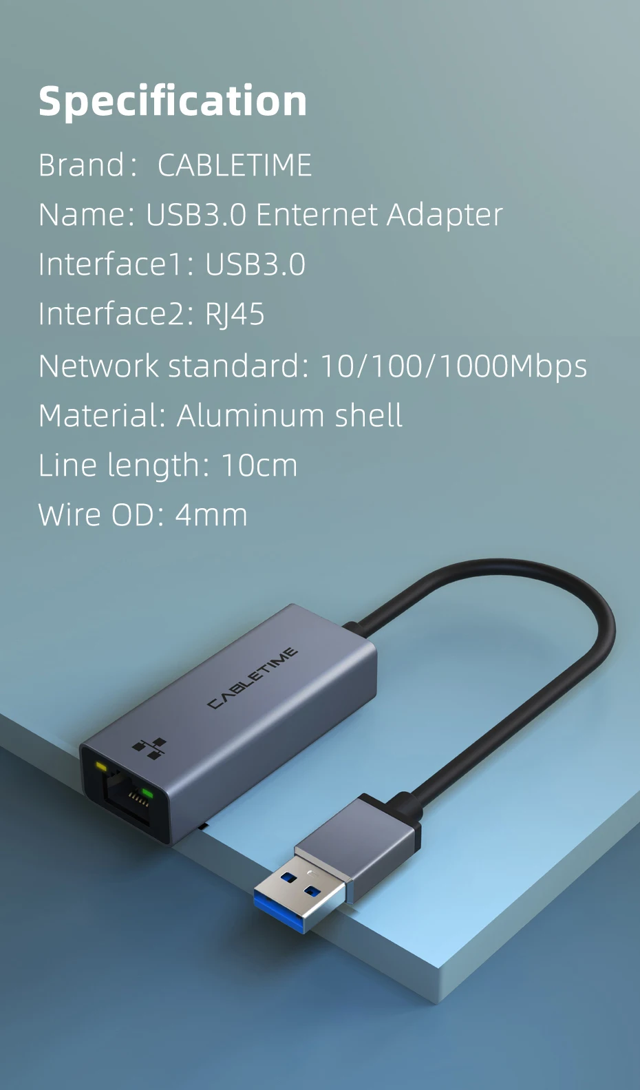 CABLETIME USB-Ethernet-Adapter 100/1000 Mbit/s USB 3.0 RJ45-Netzwerkkarte für MacBook Laptop Internet-Adapter RJ45-Adapter – Detail 9