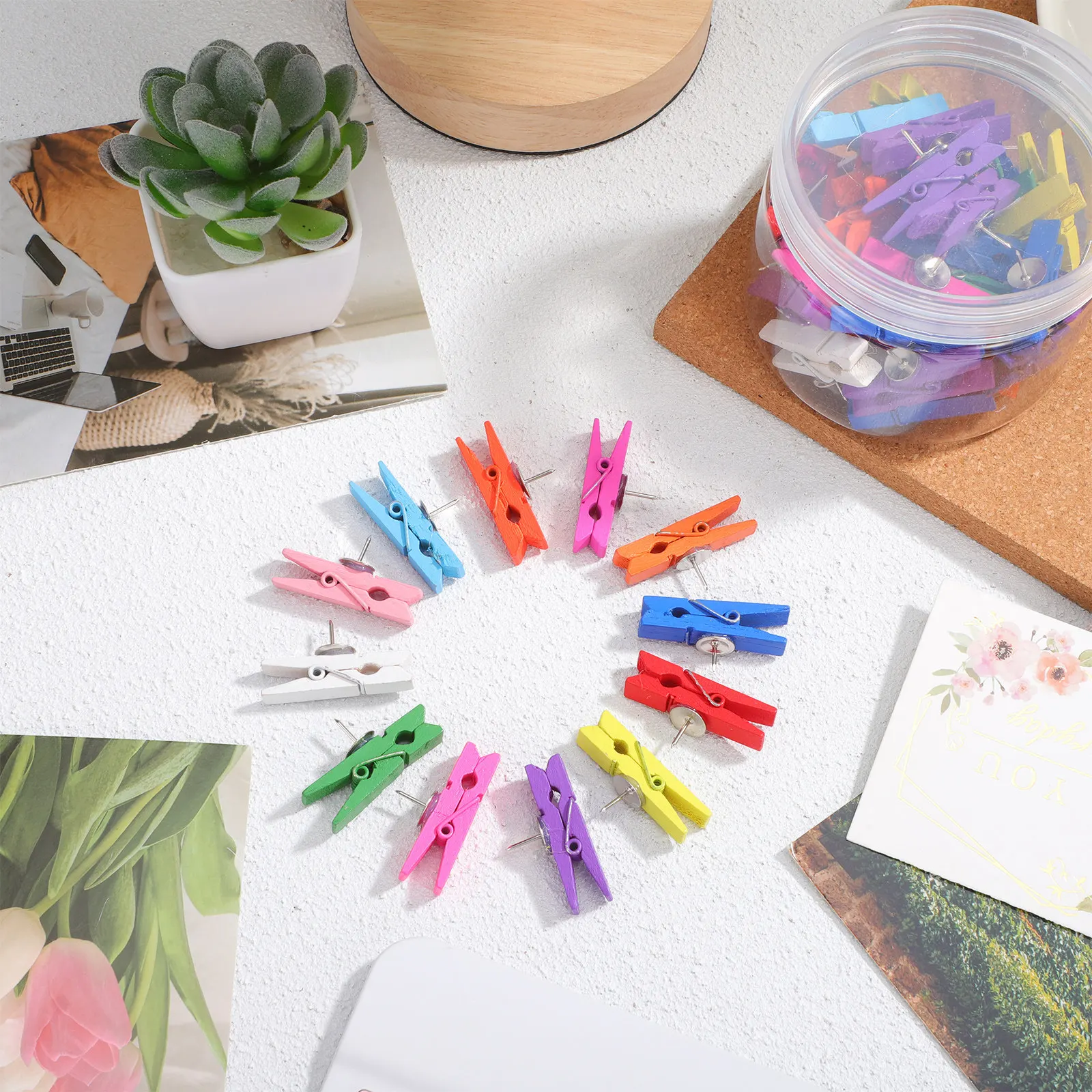 

50Pcs Wooden Push Pin Clips Stylish Thumbtacks for Bulletin Board Display Photos Messages Classroom Office Home Decor