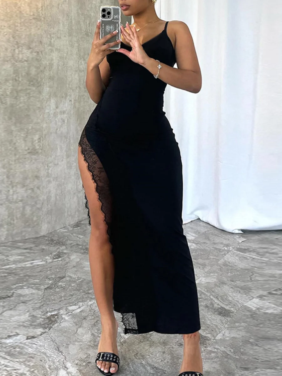 

LW Lace Patchwork Solid Color Midi Dress black sleeveless spaghetti strap Split sexy dress vestido party Evening club dresses