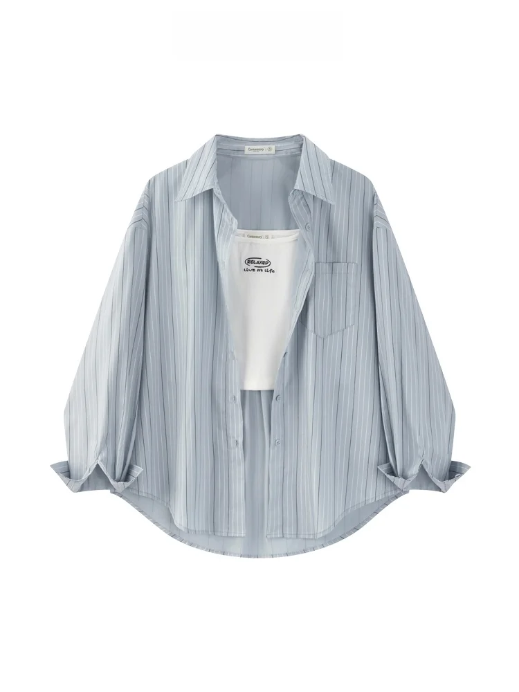 

Blue Striped irt Set Casual Loose Women's Two-Piece Spring 2025 New Sle Commute Korean Sle Collar Long Sve Cotton